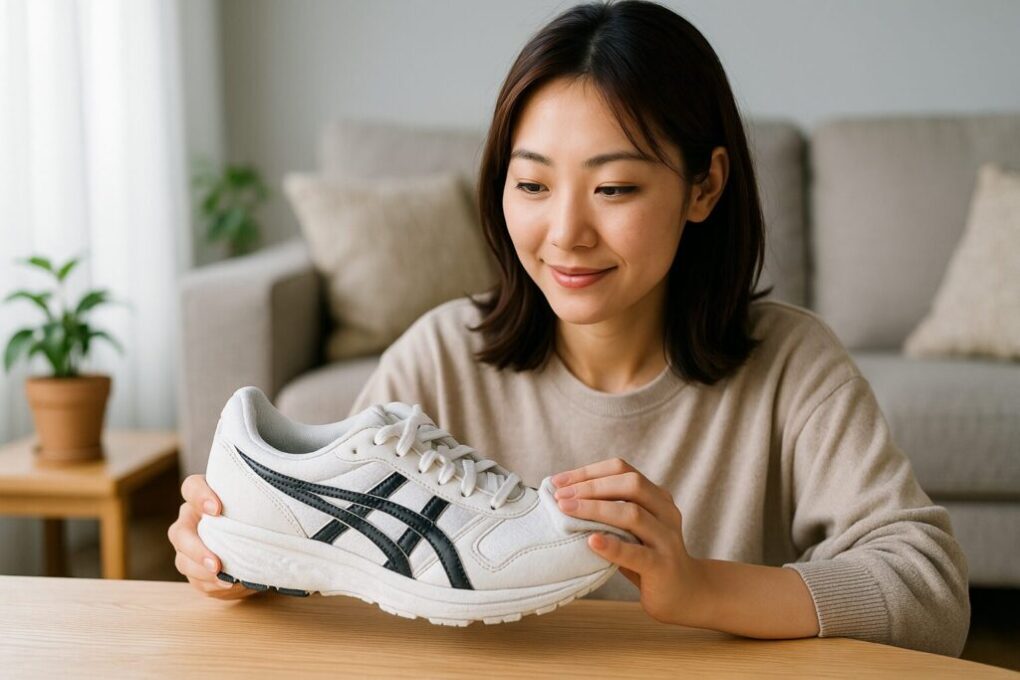 日本人女性がリビングのテーブルでアシックスの白いスニーカーを手に取り、ソール部分を観察している。明るい自然光の中、加水分解の状態を確認するように丁寧に見つめている。