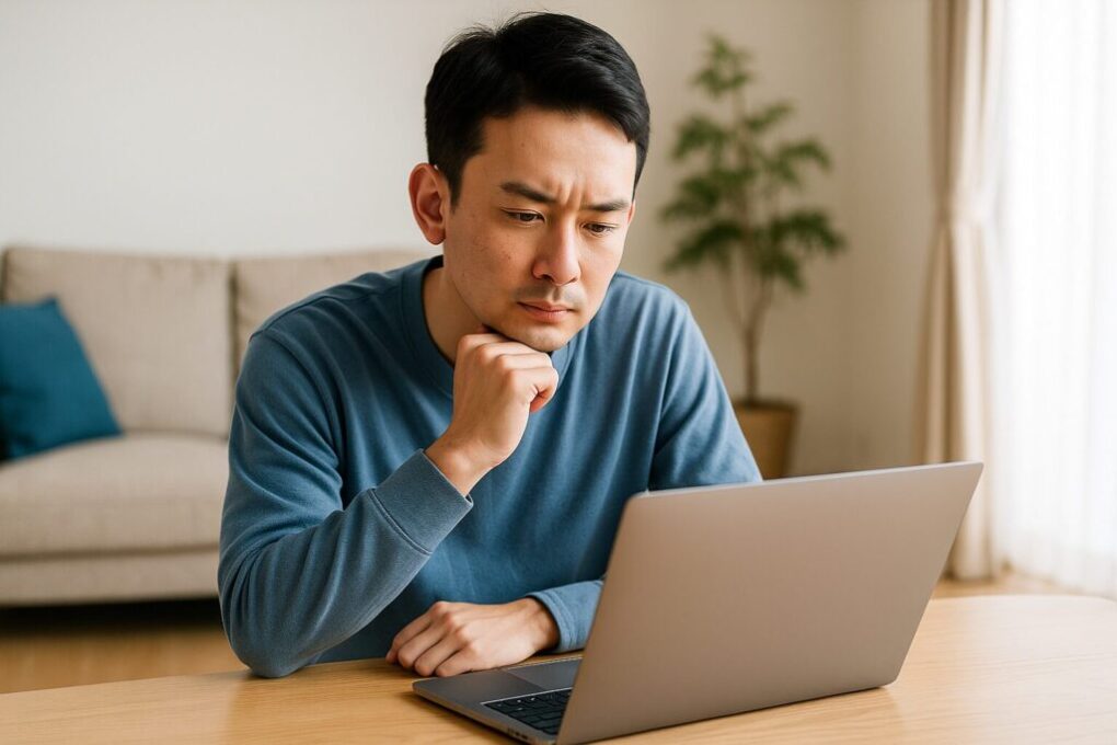 日本人男性が明るいリビングでスニーカーを点検し、ソール部分の劣化状態を観察している。新しい靴と古い靴を比較しながら、加水分解が進む年数を考えている様子。