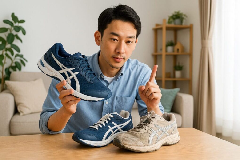 日本人男性が明るい室内でアシックスのスニーカーを比較しながら、新品と劣化した靴の違いを指差して説明している。加水分解を防ぐための選び方を示しているようなシーン。