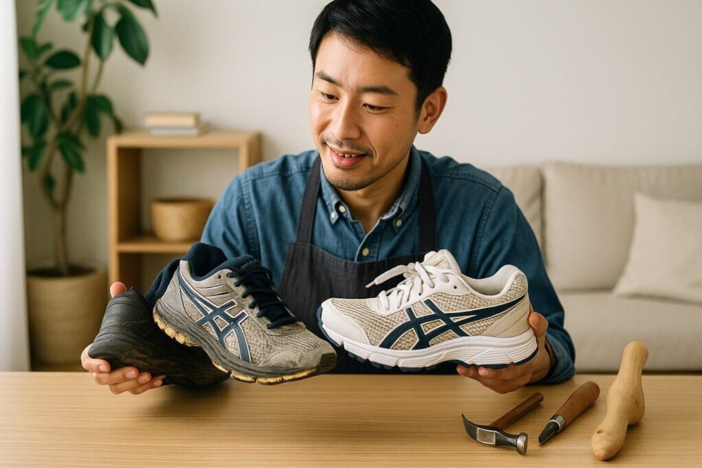 日本人男性が明るい作業部屋でアシックスのランニングシューズを手に取り、ソールの状態を比較している。修理工具が机に並び、靴の延命方法を考えている様子。