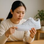 明るい部屋で、日本人女性が白いナイキスニーカーを手に持ち、靴底を真剣に確認している。自然光が差し込む室内で、清潔感と落ち着いた雰囲気の中、靴の音の原因を探っている様子。