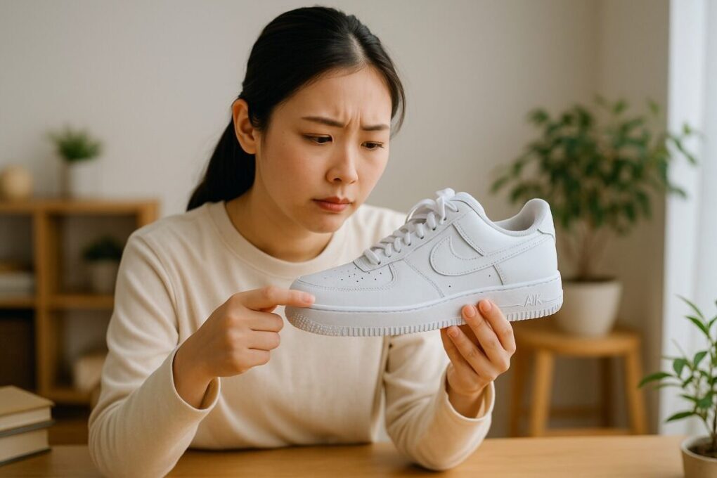 明るい部屋で、日本人女性が白いナイキスニーカーを手に持ち、靴底を真剣に確認している。自然光が差し込む室内で、清潔感と落ち着いた雰囲気の中、靴の音の原因を探っている様子。