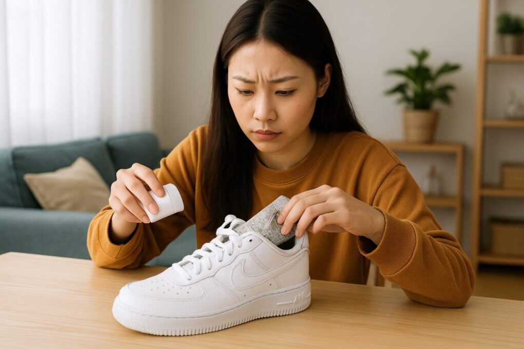 明るい室内で、日本人女性が白いスニーカーの中に新聞紙を入れ、ベビーパウダーを軽く振りかけながらお手入れをしている。清潔感のある空間で、靴の音対策を実践している様子。