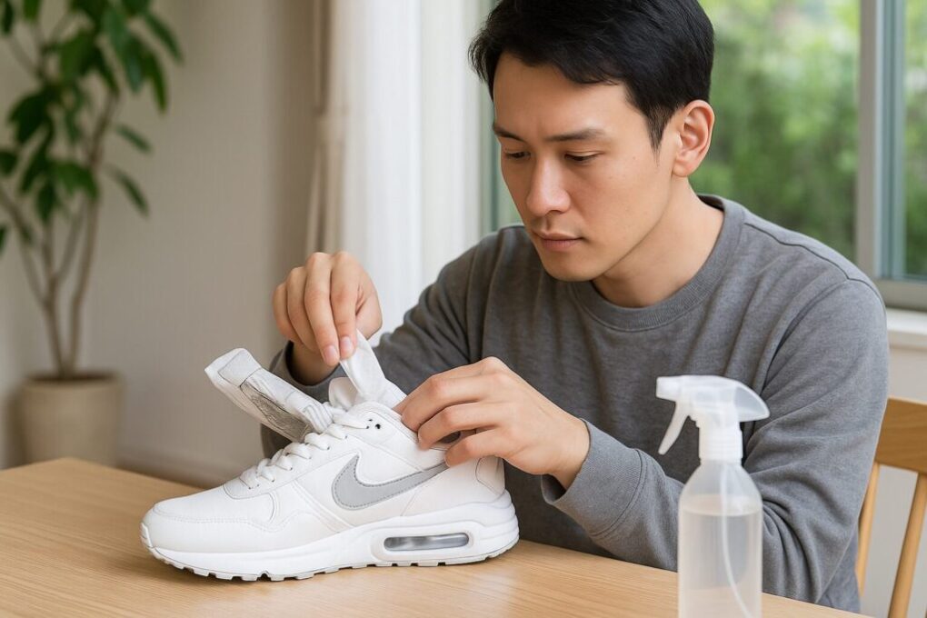 明るい室内で、日本人男性が白いナイキスニーカーの中に紙を詰めながら丁寧に手入れしている。木製テーブルの上にはスプレーボトルが置かれ、清潔感のある自然な雰囲気。
