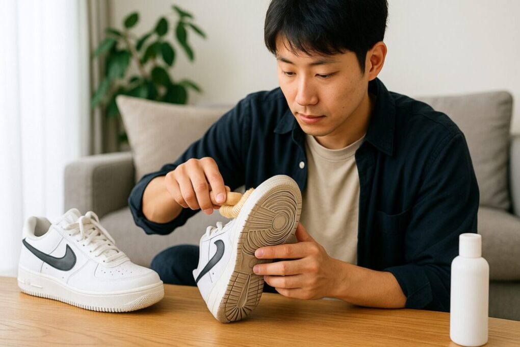 明るい室内で、日本人男性が白いスニーカーの靴底を丁寧にブラシで手入れしている。木製テーブルの上に洗浄ボトルともう片方の靴が置かれ、清潔感のあるナチュラルな雰囲気。