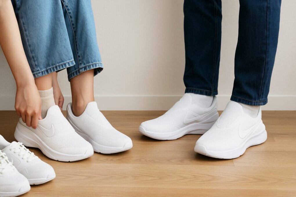 日本人の男女がナイキ ゴーフライイーズの白いスニーカーを玄関で履き比べている様子。木目の床と白い壁の明るく清潔感ある室内で、自然な姿勢でサイズ感を確認している横長16:9の写真。