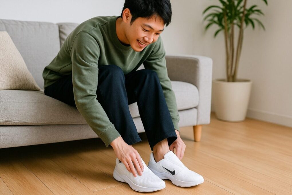 日本人男性が白いナイキ ゴーフライイーズのメンズモデルを履きながら室内でフィット感を確認している様子。明るい自然光が差し込む清潔感のある部屋で、快適さとデザイン性を感じさせる16:9の写真。