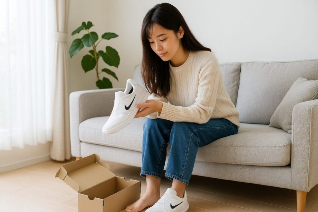 日本人の女性が明るい室内でナイキ ゴーフライイーズの白いスニーカーを手に取り、サイズ感を確かめている様子。ナチュラルな光が差し込むリビングで、清潔感とリアルな生活感を感じる16:9の写真。