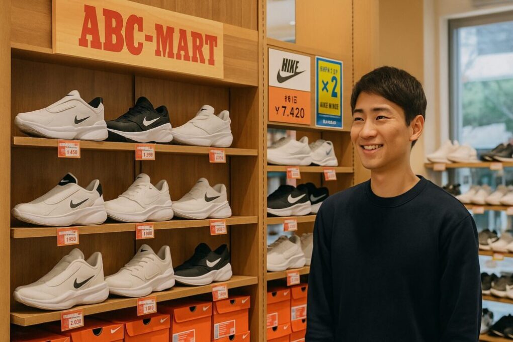 ABCマートの明るく清潔感のある店内で、日本人男性がナイキ ゴーフライイーズのスニーカーが並ぶ棚の前に立っている様子。リアルで自然な雰囲気の16:9の写真。