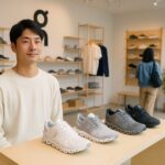 明るく清潔感のあるスニーカーショップの店内。木製の棚にOnスニーカーが整然と並び、自然光が差し込む空間で日本人の男女が靴を見ている様子。