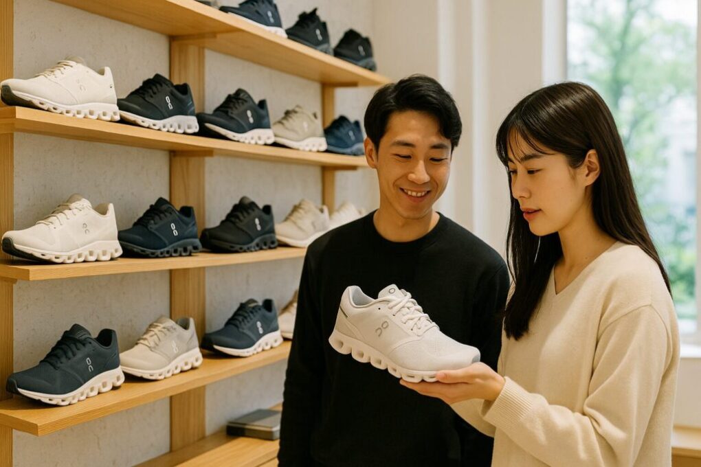 明るく清潔感のあるスニーカーショップで、日本人の男女がOnのスニーカーを手に取り、自然光の差し込む店内で選んでいる様子。