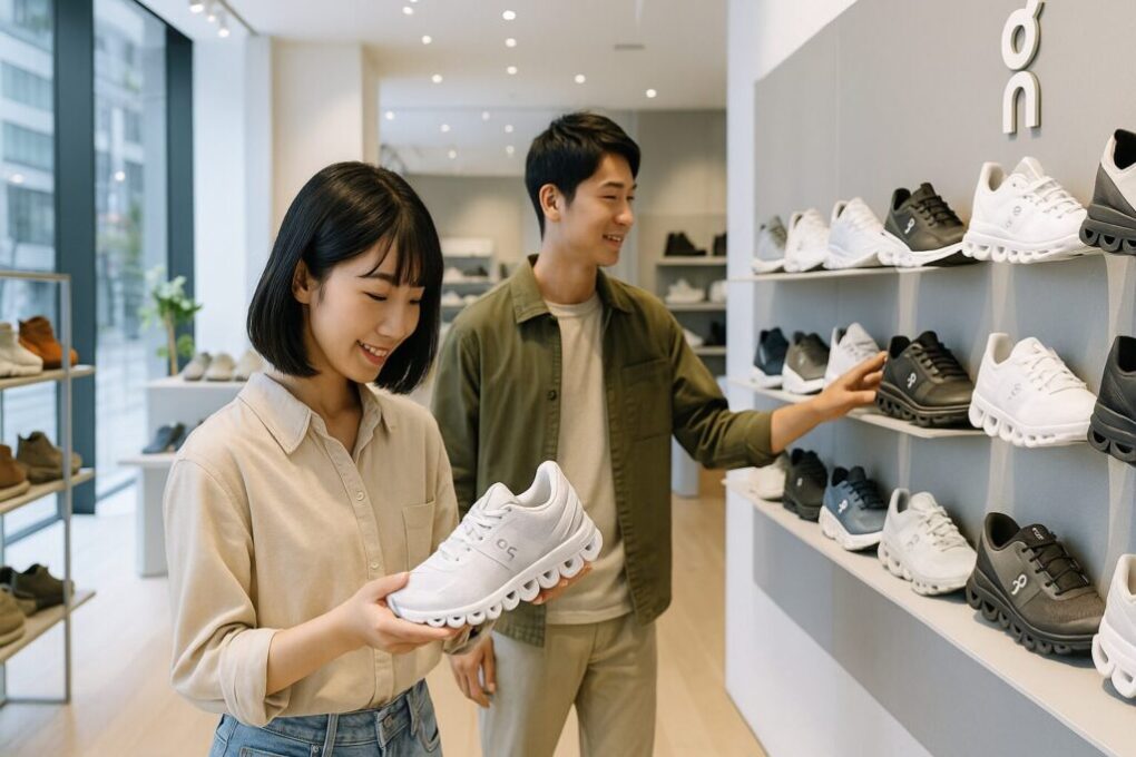 東京のOnスニーカー直営店で、日本人の男女が明るく清潔感のある店内でスニーカーを手に取り、棚の商品を眺めている様子。