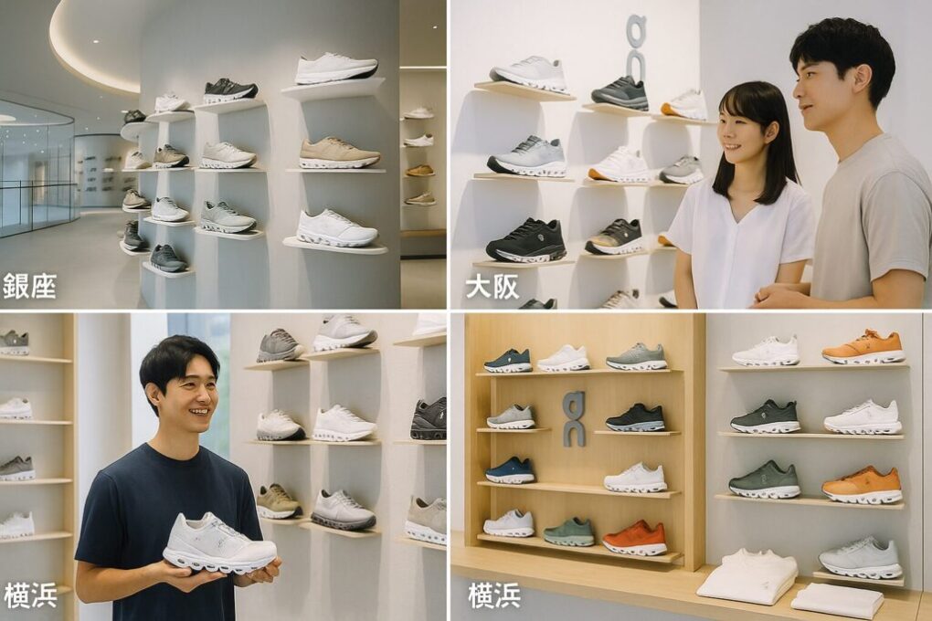 日本各地のOnスニーカー直営店を紹介する写真。銀座・大阪・横浜などの店舗で、日本人の男女が明るく清潔感のある店内でスニーカーを手に取り、展示棚を見ている様子。