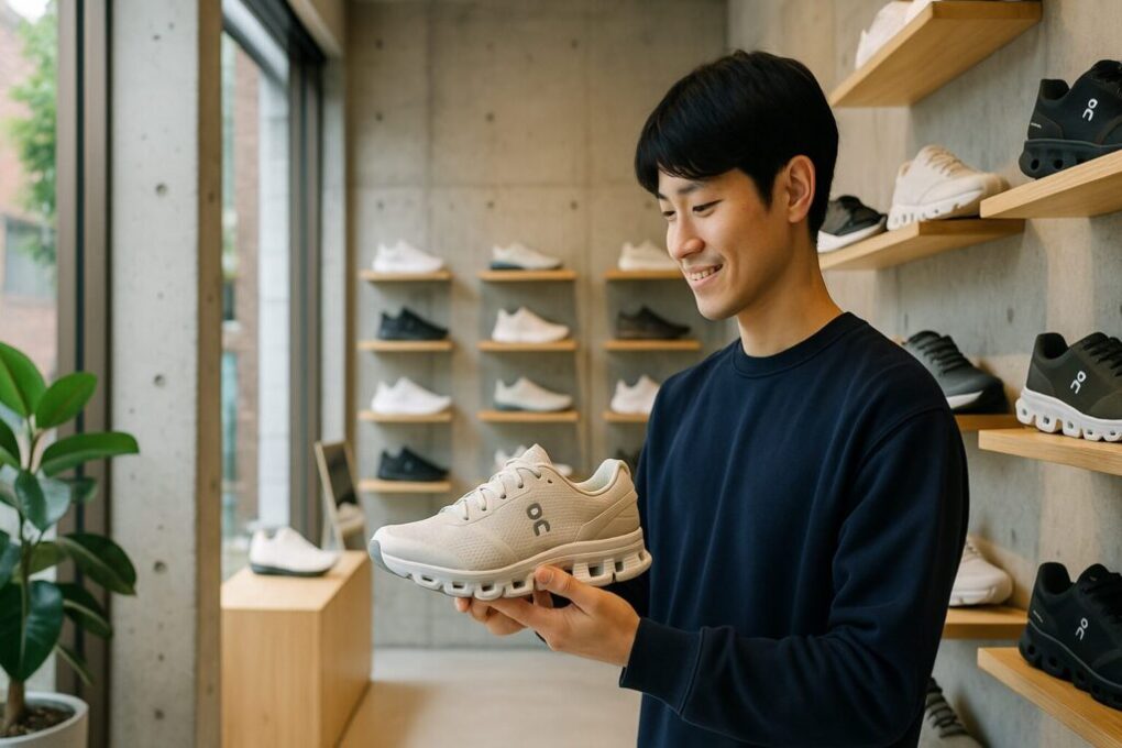 岡山のOnスニーカーショップの店内で、日本人の男性が白いスニーカーを手に取り、木製の棚に並ぶシューズを見ながら微笑んでいる様子。明るく清潔感のある空間。