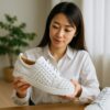 日本人女性が明るい室内でトゲトゲの装飾が施された白いルブタンのスニーカーを手に取り観察している様子