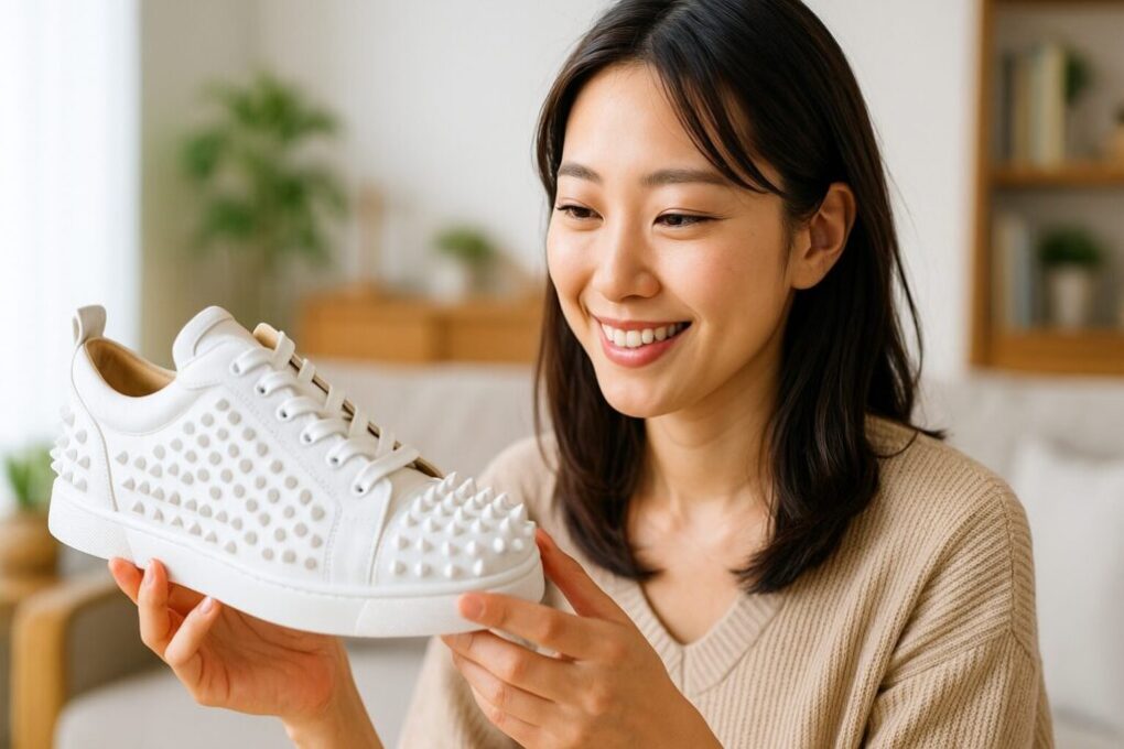日本人女性が明るい室内で白いトゲトゲ装飾のルブタン スニーカーを手に取り、そのデザインの魅力を眺めている様子