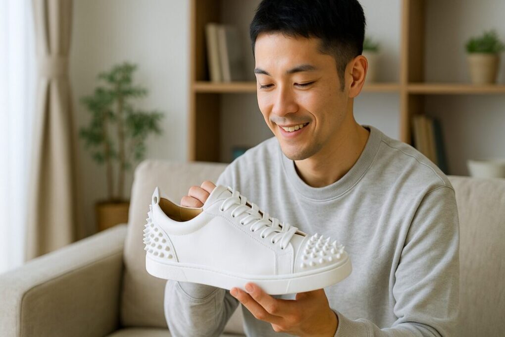 日本人男性が明るい室内で白いトゲトゲ装飾のルブタン メンズスニーカーを手に取り、その特徴を確認している様子