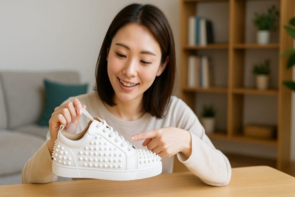 日本人女性が明るいリビングでトゲトゲ装飾のルブタン スニーカーを手に取り、その特徴について微笑みながら指差している様子