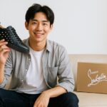 若い日本人男性がソファに座り、手に黒のルブタンスニーカーを持って笑顔を見せている。背景にはルブタンのシューズボックスと観葉植物があり、清潔感のある室内で撮影された。