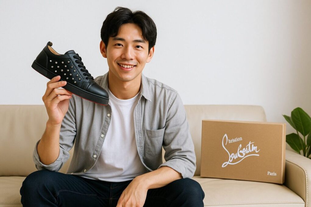 若い日本人男性がソファに座り、手に黒のルブタンスニーカーを持って笑顔を見せている。背景にはルブタンのシューズボックスと観葉植物があり、清潔感のある室内で撮影された。