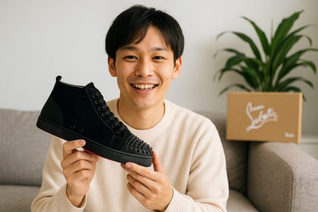 日本人男性が黒のルブタンスニーカーを手に持ち、ソファに座って笑顔を見せている。背景にはルブタンのシューズボックスと観葉植物があり、明るく清潔感のある室内で撮影されている。