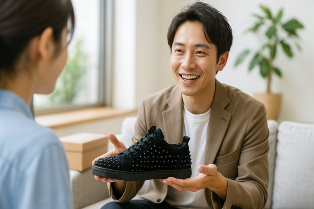 日本人男性が黒のスタッズ付きルブタンスニーカーを手に取り、笑顔で見せている。背景は観葉植物や自然光の入る明るいリビングで、清潔感のある雰囲気が漂っている。
