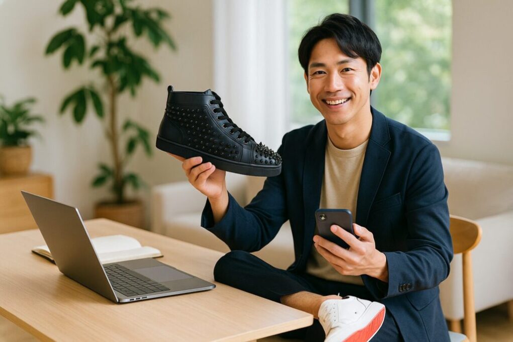 日本人男性が明るい室内でスマートカジュアルな装いをし、黒のスタッズ付きルブタンスニーカーを手に持ちながら微笑んでいる。テーブル上にはノートパソコンとノートが置かれ、清潔感とおしゃれな雰囲気が漂っている。