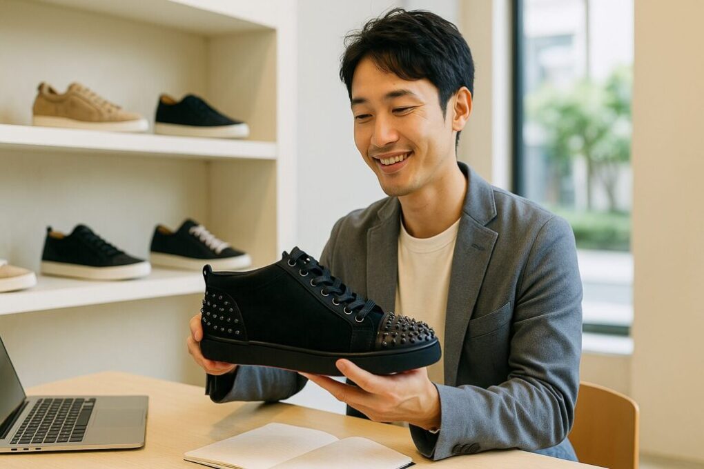 日本人男性が明るいアウトレット店舗で黒のスタッズ付きルブタンスニーカーを手に取り、状態を確認しながら微笑んでいる。背景には自然光が差し込み、棚には他のスニーカーが整然と並んでいる。