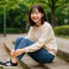 モーブスのスニーカーを履いた日本人女性が公園の階段に座り、笑顔で過ごす自然な日中のシーン。清潔感と柔らかな雰囲気が伝わる都会的な背景。