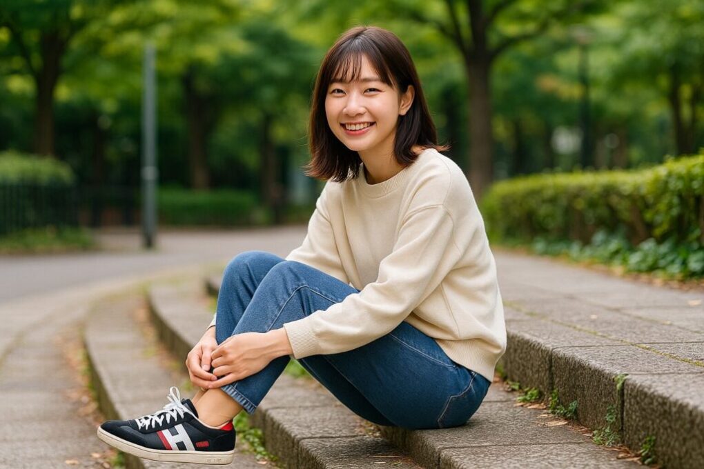 モーブスのスニーカーを履いた日本人女性が公園の階段に座り、笑顔で過ごす自然な日中のシーン。清潔感と柔らかな雰囲気が伝わる都会的な背景。