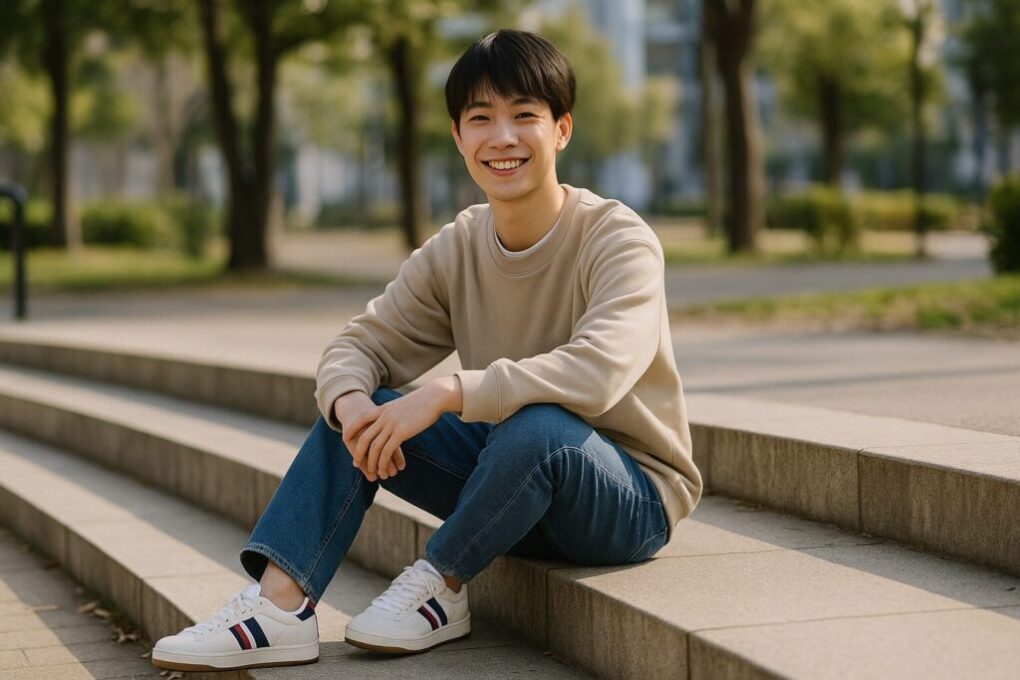 公園の階段に座る日本人の若い男性が、モーブスのスニーカーを履いて穏やかに微笑む明るい日中のシーン。清潔感と自然な雰囲気が伝わる構図。