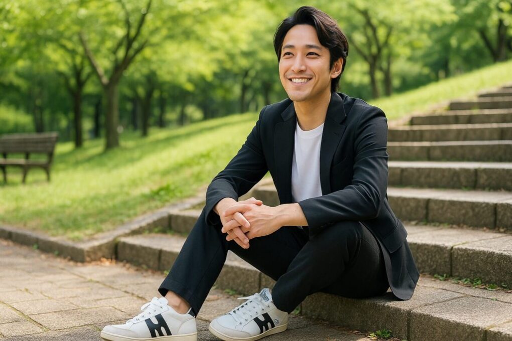 公園の階段に座る日本人男性が、白いモーブスのスニーカーを履きながら微笑むシーン。明るい日差しと緑に囲まれた清潔感のある自然な雰囲気。