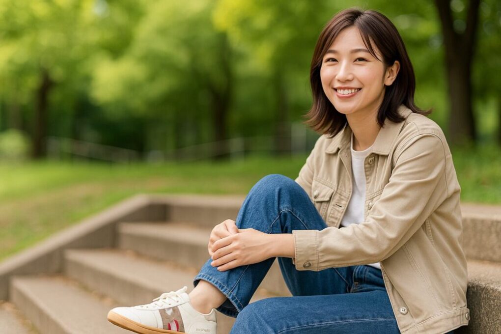 日本人女性が公園の階段に座り、モーブスのスニーカーを履いて穏やかに微笑む日中のシーン。自然光が差し込む清潔感のある雰囲気。