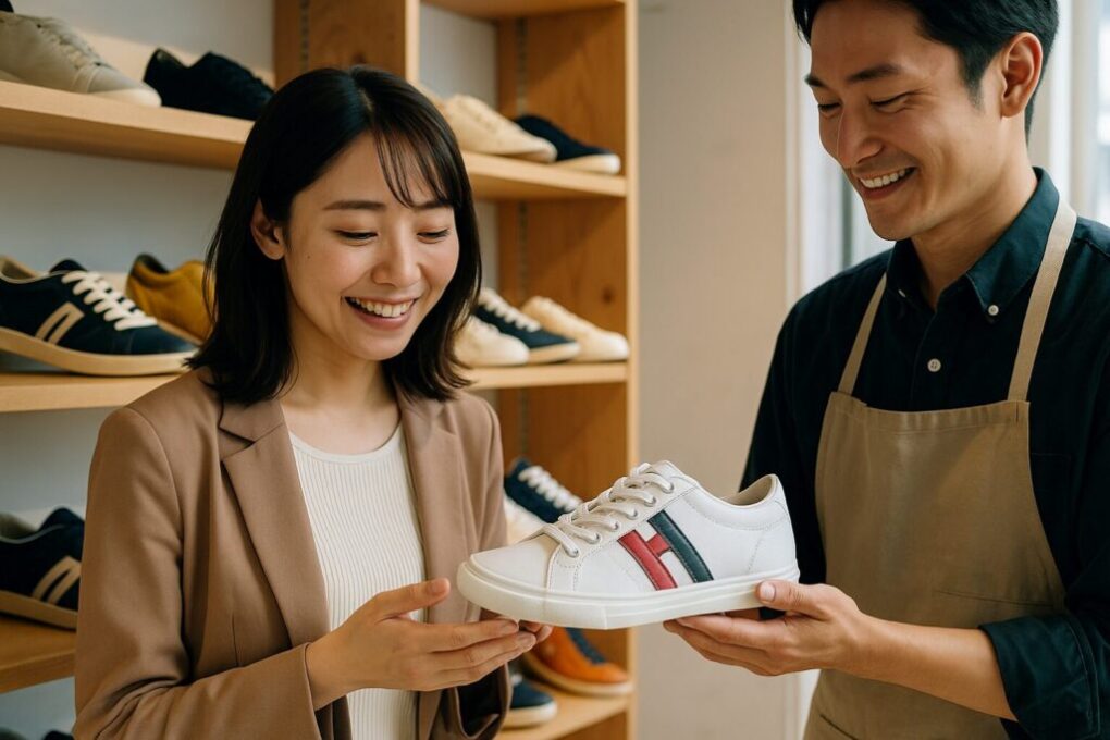 スニーカーショップで日本人女性が男性店員から白いモーブスのスニーカーを手渡され、笑顔で確認している明るく清潔感のある店内のシーン。
