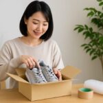 100均の段ボールにスニーカーを丁寧に梱包する日本人女性。木目のテーブルの上にはプチプチや布テープが並び、明るく清潔な部屋で発送準備をしている様子。
