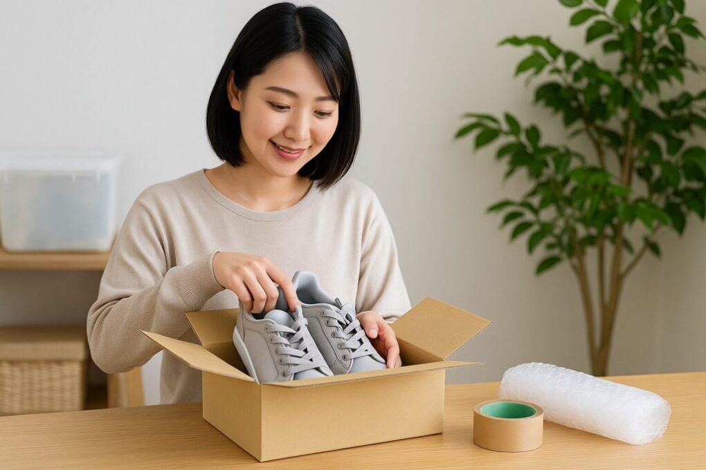 100均の段ボールにスニーカーを丁寧に梱包する日本人女性。木目のテーブルの上にはプチプチや布テープが並び、明るく清潔な部屋で発送準備をしている様子。