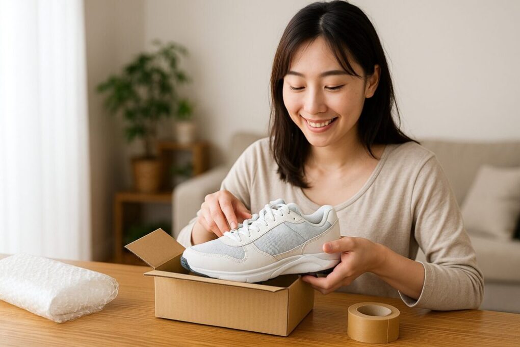 100均の段ボールに白いスニーカーを梱包する日本人女性。木目のテーブル上にはプチプチや布テープがあり、明るく清潔な室内で丁寧に発送準備をしている様子。