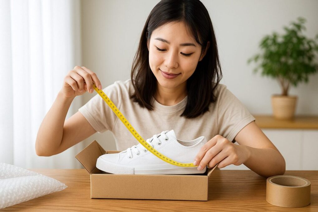 段ボールに入れた白いスニーカーのサイズを測る日本人女性。木目のテーブルにメジャーと梱包用テープがあり、明るく清潔な室内で慎重に段ボールサイズを選んでいる様子。