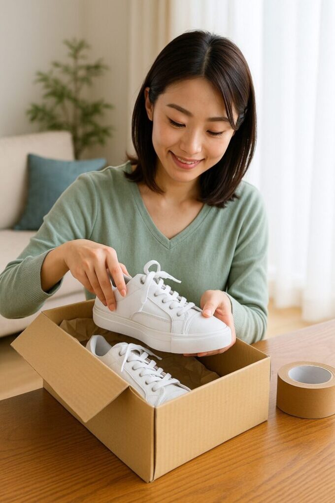 メルカリでスニーカーを発送するため、段ボール箱に白いスニーカーを詰めている日本人女性。木目のテーブルにガムテープがあり、明るく清潔な室内で丁寧に梱包している様子。