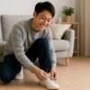 スニーカーがきついときに馴染ませる方法を実践する日本人の男女が、自宅でスニーカーを手に持ち柔らかくする作業をしている明るく自然な雰囲気の写真。