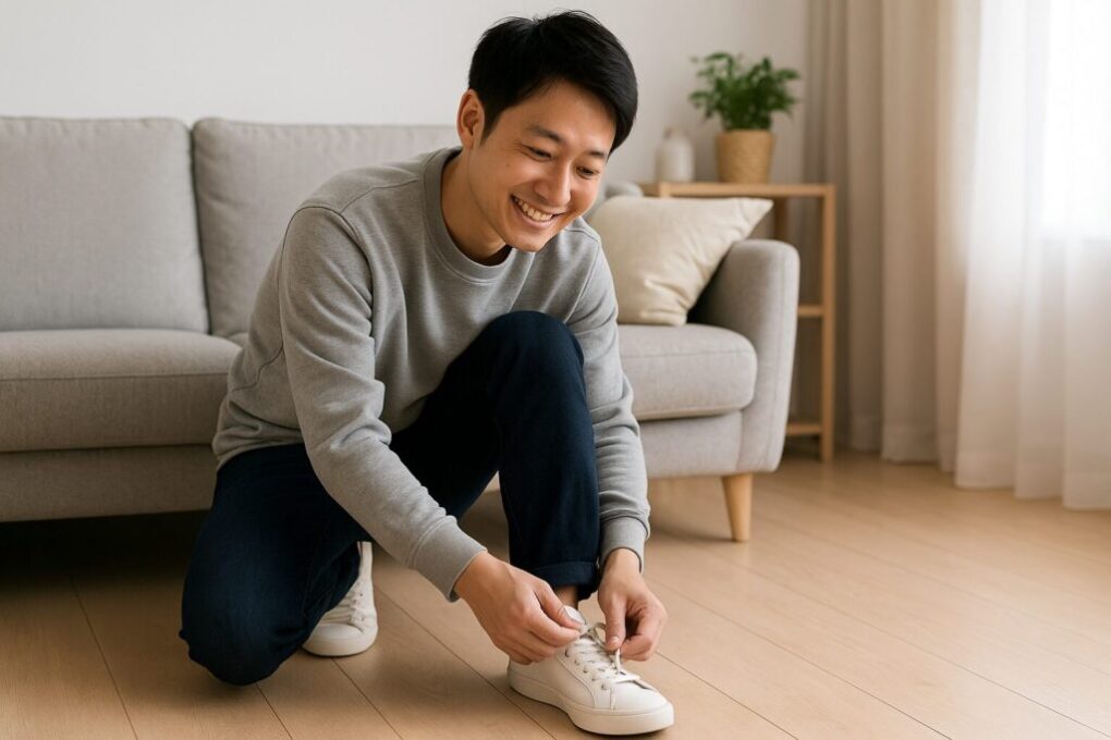 スニーカーがきついときに馴染ませる方法を実践する日本人の男女が、自宅でスニーカーを手に持ち柔らかくする作業をしている明るく自然な雰囲気の写真。