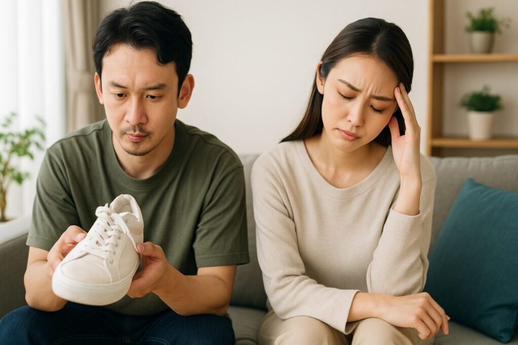スニーカーがきついときに馴染ませる原因と対処法を考える日本人の男女が、自宅の明るいリビングでスニーカーを手に取り確認している自然な雰囲気の写真。