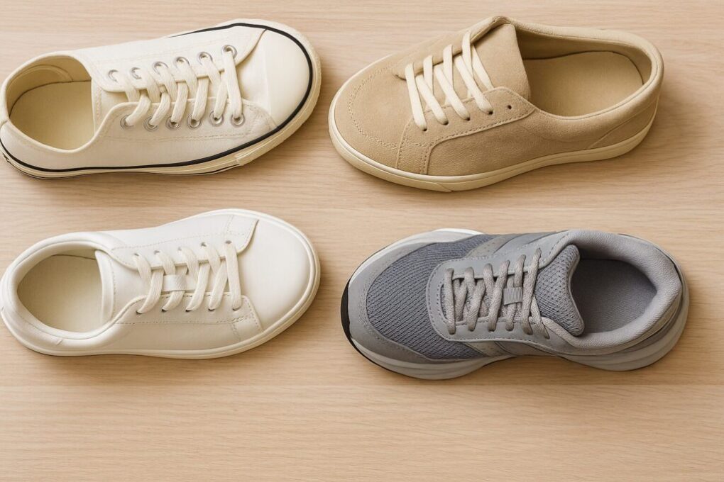 テーブルの上に革・キャンバス・スエード・メッシュなど異なる素材のスニーカーが並び、素材によるスニーカーの伸びやすさの違いを比較できる構図の写真。