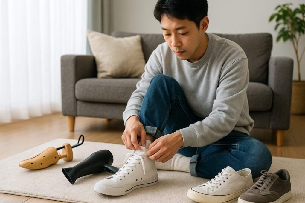 スニーカーをきつさから馴染ませる具体的な方法を実践する日本人男性が、自宅の明るいリビングで厚手の靴下を履きスニーカーを調整している自然な雰囲気の写真。