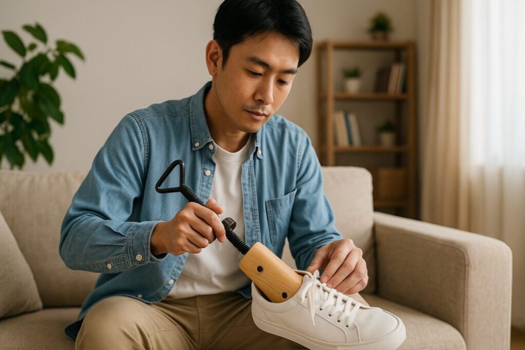 日本人男性が自宅の明るいリビングで白いスニーカーにシューズストレッチャーを挿入し、慎重にネジを調整している様子を写した自然な写真。