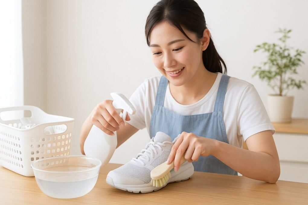 白いメッシュ素材のスニーカーを手にした日本人女性が、洗面台で漂白前の状態を確認している様子を写した清潔感のある写真。漂白作業の雰囲気が自然に伝わる構図。