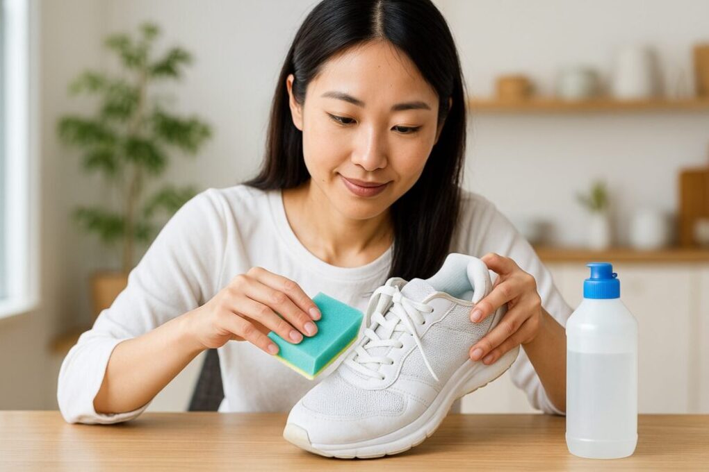 自宅でスニーカーを洗う準備として、洗剤やブラシを揃えて作業スペースを整えている日本人女性の様子。明るく清潔感のある室内で、酸素系漂白剤を使う前の準備をしているシーン。