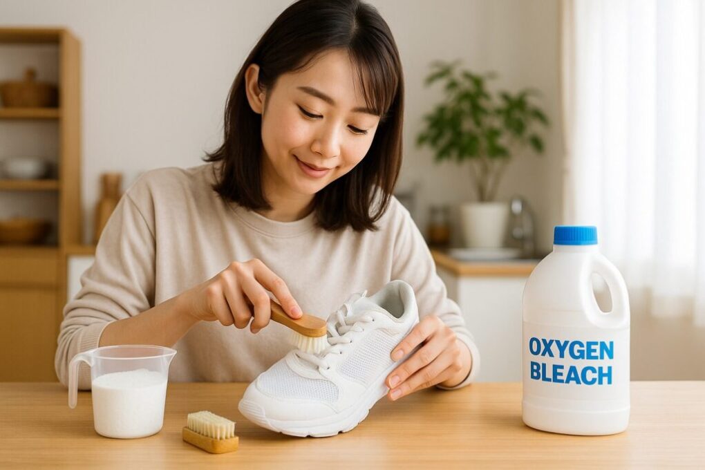 スニーカーのメッシュ部分を漂白するために、若い日本人女性が洗浄液の入ったバケツとブラシを使って具体的な手順を丁寧に確認している様子