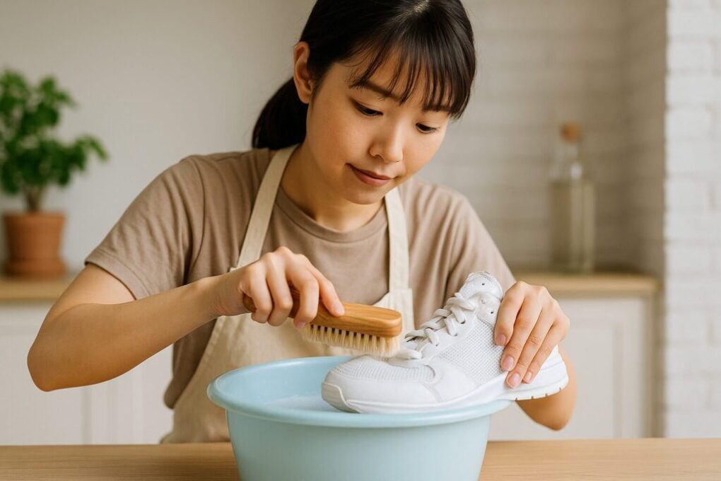 自宅の明るい洗面スペースで、日本人女性がスニーカーのメッシュ部分をブラシで優しくこすり、汚れを浮かせる洗浄手順を実践している様子