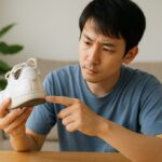 スニーカーのかかとの減り具合を真剣な表情でチェックしている日本人男性が、明るく清潔感のあるリビングで白いスニーカーを手に持っている様子
